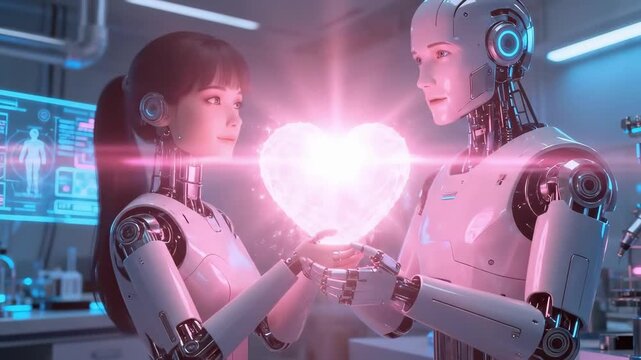 Asian Engineer And Robot Calibrate Glowing Heart In Laboratory, Hands On Interface And Pulse Monitor As Soft Pink Light Fills Control Room, Collaborative Calibration Blending Technical Precision.