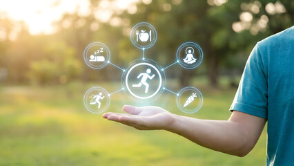 A person interacting with a futuristic interface in a natural outdoor setting with icons