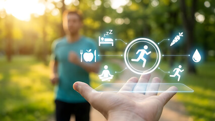 A person interacting with a futuristic fitness interface in a park setting with various icons