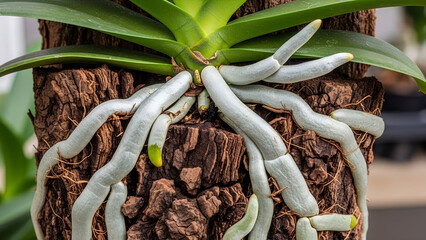 Orchid roots growing on tree bark in lush indoor environment