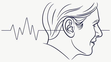 Close-up profile of a person wearing a hearing aid, with sound waves entering the ear.