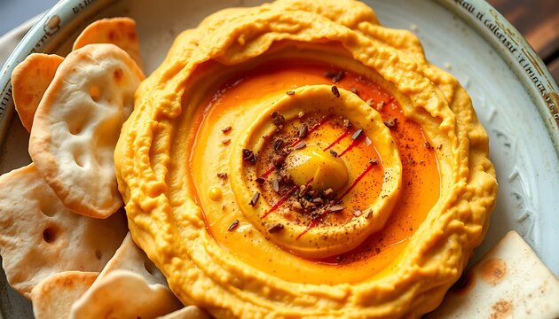 Vibrant orange hummus swirl elegantly garnished with oil and spices served alongside crackers
