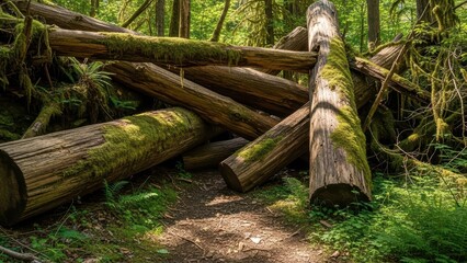 Moss-covered fallen trees in lush green forested path with sunlight filtering through canopy during daytime
