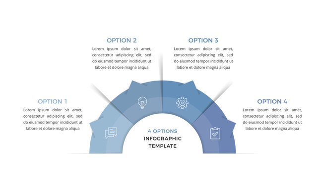 Semi circular infographic with four connected segments, icons and option labels