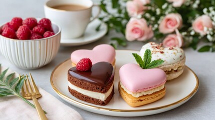Heart desserts and raspberry macarons for Valentine's Day