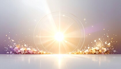 高級かあるプラチナに輝く背景に上から降り注ぐゴールドの光と丸ボケがキラキラと輝く幻想的なステージ背景