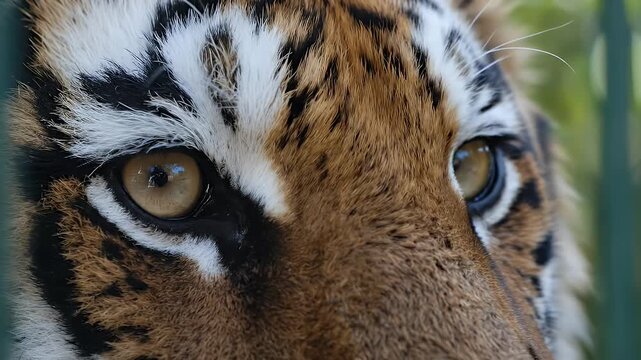 Close-up of a majestic tigers face, showcasing its intense gaze.