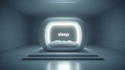 Futuristic sleep pod with glowing screen displaying the word sleep.