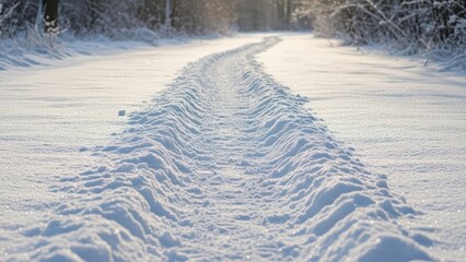 Snow-covered pathway with tire tracks through winter forest at dawn with sunlight glimmering on fresh powder
