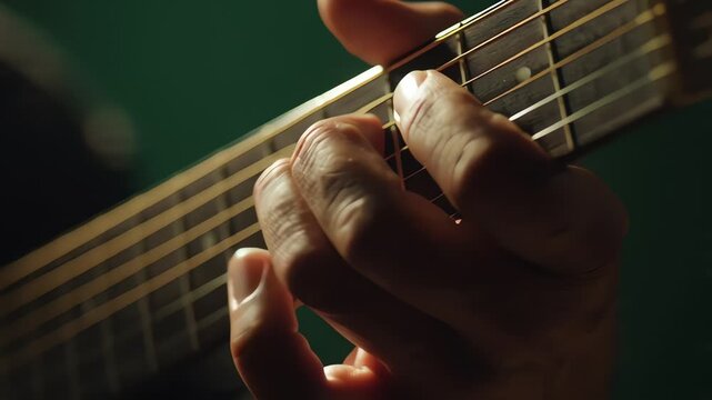 Guitar chord close-up, musical instrument, hand playing strings