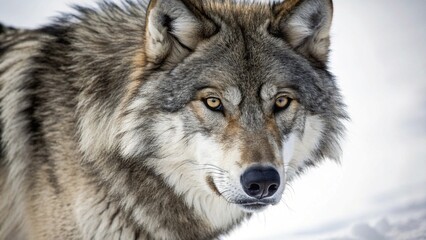 Fototapeta premium A portrait of a wild gray wolf, Canis lupus, showcasing its thick fur and canine face as the predator navigates the white snow of a winter nature landscape