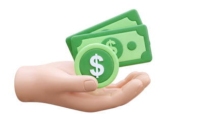 Hand Holding Dollar Bills and Coin