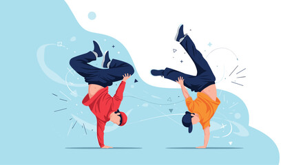 Two athletic breakdancers performing impressive handstands and acrobatic moves on a light blue background with artistic splashes.