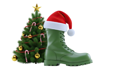 Green Military Boot with Santa Hat and Christmas Tree