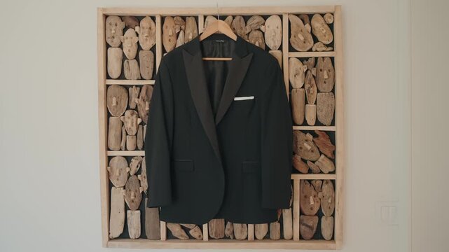 Elegant groom suit jacket with satin lapels hanging neatly before ceremony