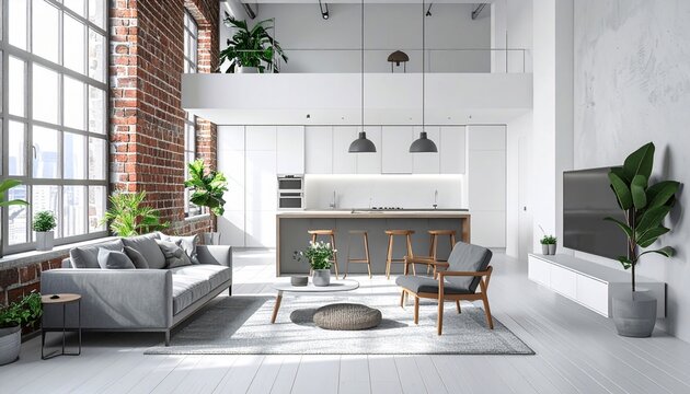 Modern loft interior with brick wall, kitchen, living area, and mezzanine