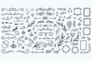 Hand-Drawn Decorative Elements Collection: A comprehensive collection of intricate hand-drawn decorative elements, including flourishes, frames, arrows, and botanical illustrations.