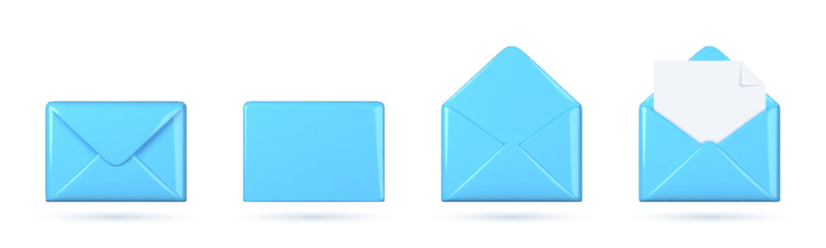 3D blue envelope icon collection featuring opened and closed mail designs. Cartoon style email symbols representing messaging, document delivery, postcards, and mail notifications.