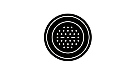 Black and white icon of a circular perforated grille, possibly a speaker or drain cover.