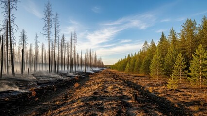 Aftermath of forest fire: contrast between burned trees and lush greenery under clear blue sky