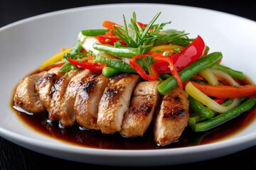 Grilled chicken breast with teriyaki sauce and colorful vegetables