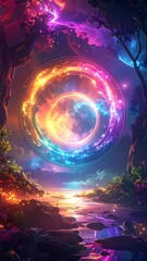 Obraz premium Surreal digital painting of a vibrant, cosmic landscape with portal