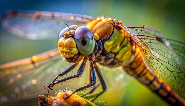 A close-up view of a vibrant dragonfly perched on a plant. The image highlights its compound eyes and delicate wings