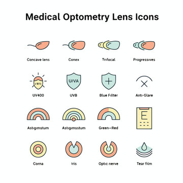 Medical Optometry and Eye Care Icon Set Featuring Lens Types and Vision Correction Symbols
