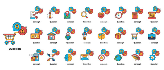 Fototapeta premium set of illustrations depicting question marks and various objects in a line art style