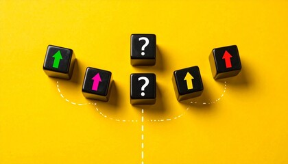 Curved line of cubes with arrows and questions