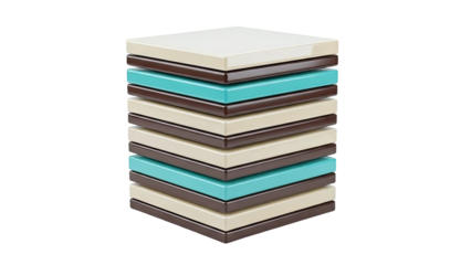 Stack of square tiles in beige, brown, and teal