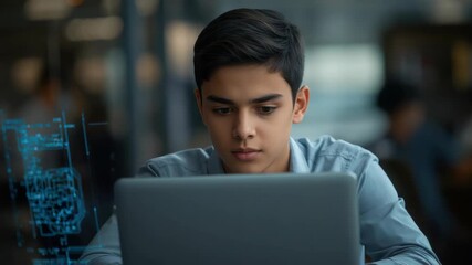 Young student laptop coding computer technology focused study session dim library with concentrated - Powered by Adobe