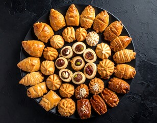 A flat lay showcases a black plate filled with an assortment of pastries, arranged in a circular design against a dark backdrop