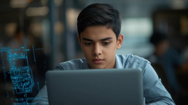 Young student laptop coding computer technology focused study session dim library with concentrated