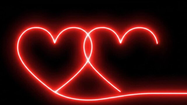 Futuristic love animation showing two red luminous hearts connected by a continuous neon line. Cyber-romantic visual style, vibrant glowing outline, soft light diffusion, modern Valentine greeting con