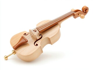 Fototapeta premium Small Wooden Miniature Violin With Light Wood Grain Detail And Silver Strings Isolated
