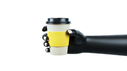 Stylized hand holding a to-go coffee cup with a yellow sleeve