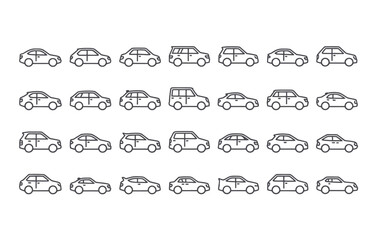 Obraz premium simple line set of car icons including sedan, suv, truck, and sports cars, designed in clean vector outline style.