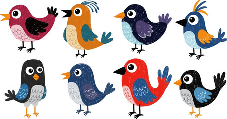 Textured Colorful Cartoon Birds Whimsical Crayon Style Children s Illustration.eps