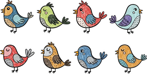Obraz premium Cute Colorful Birds Collection Hand Drawn with Whimsical Crayon Texture.eps
