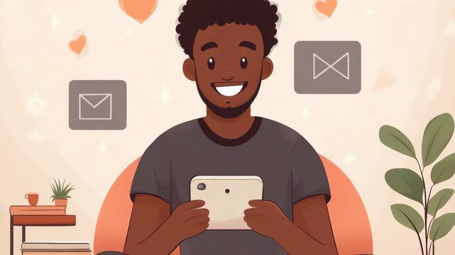 selective focus man using language learning app in cartoon style