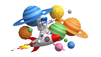 Astronaut riding a rocket through colorful planets