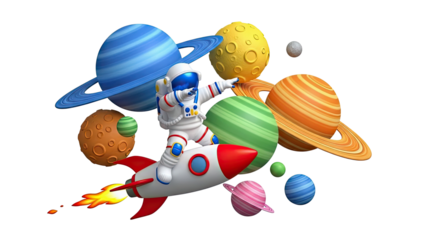 Astronaut riding a rocket through colorful planets