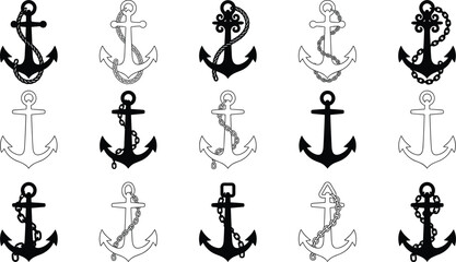 Nautical anchor silhouettes collection featuring classic maritime symbols with ropes and chains, black isolated designs for sea travel, navy themes, tattoos, logos, and vintage decoration projects © Shahariar's World