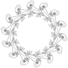 Hand Drawn Poppy Floral Wreath. Botanical Line Art Frame