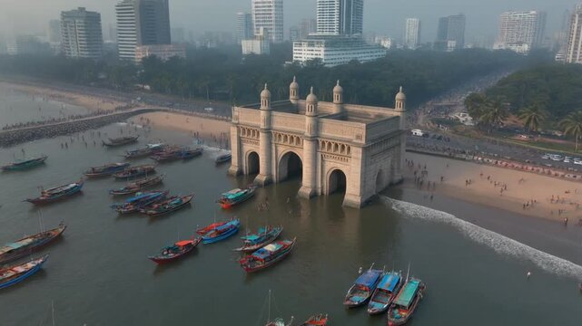 Gateway of India in Mumbai aerial view boats and city skyline