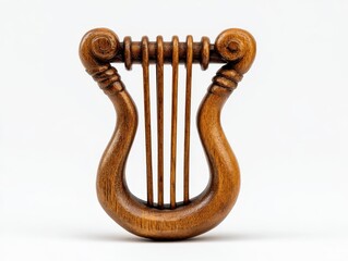 Wooden Lyre Musical Instrument Isolated on White Background with Detailed Wood Grain Texture