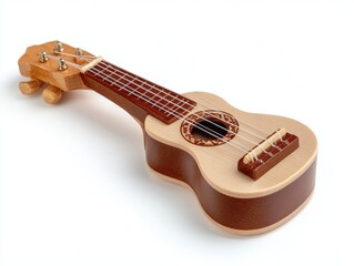 Wooden Ukulele With Brown Accents And String Detail Isolated On White Background Studio Shot