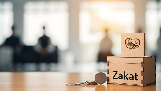 Wooden zakat box with coins and blurred background of people in an office setting charity donation