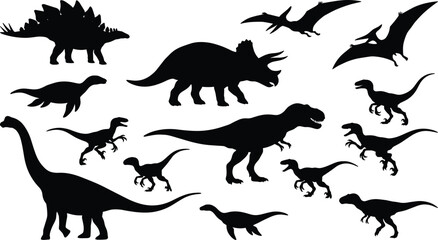 Prehistoric dinosaur silhouettes collection featuring flying and land species, black isolated illustrations for education, science, museums, kids learning, posters, logos, and creative design projects © Shahariar's World